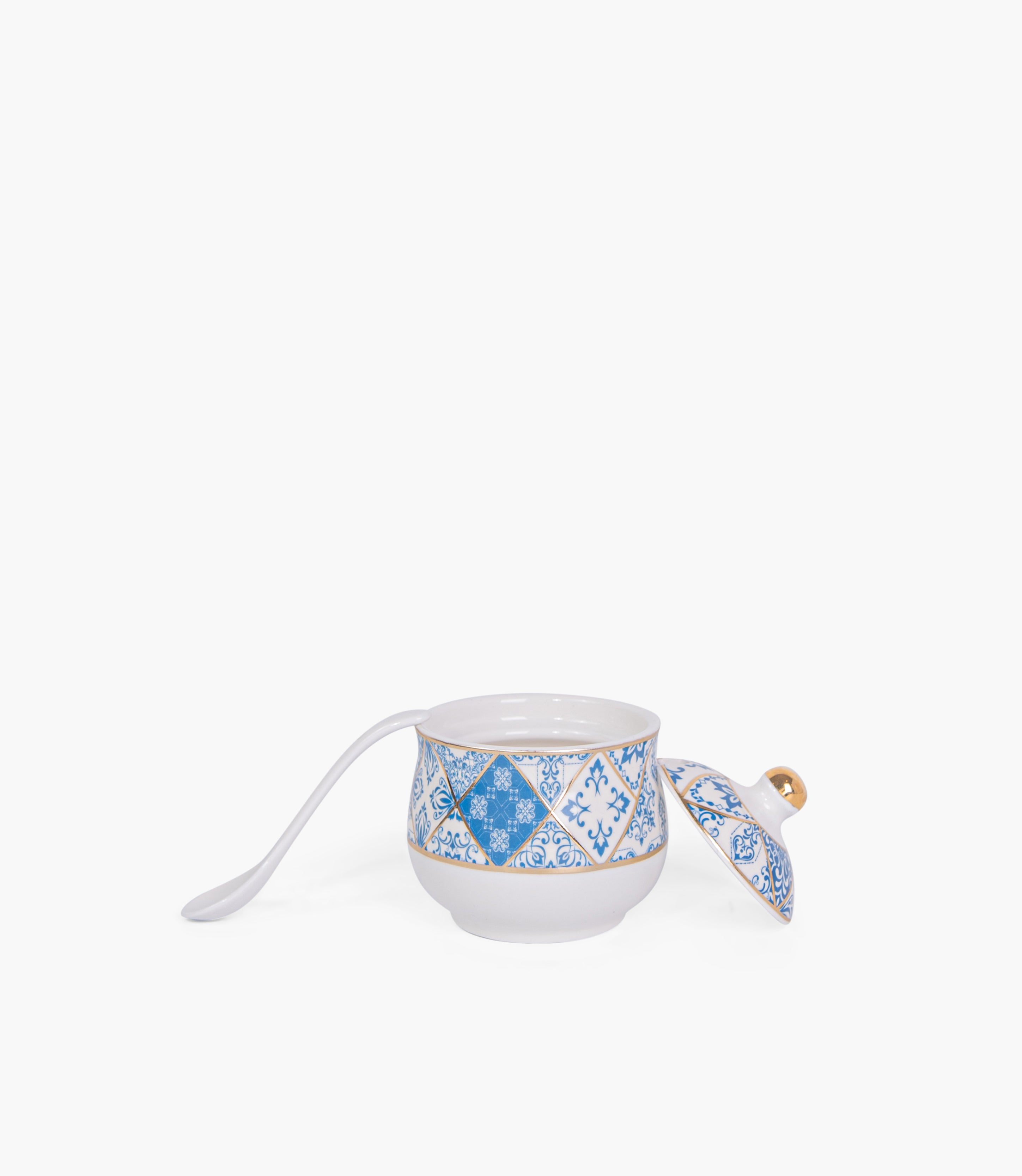 Blue Gold Covered Porcelain Sugar Bowl w/ Spoon — view 2