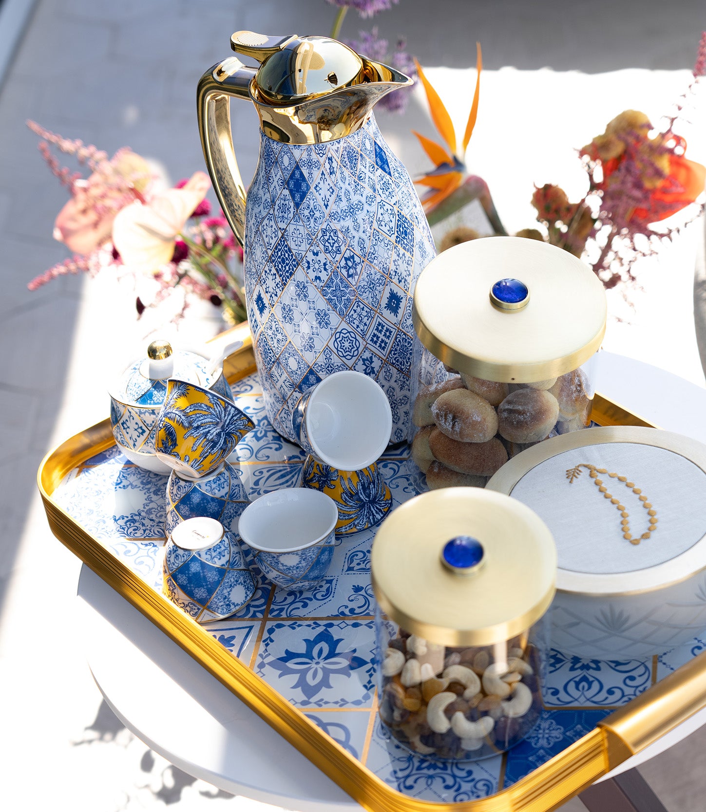 Blue Gold Covered Porcelain Sugar Bowl w/ Spoon — view 3
