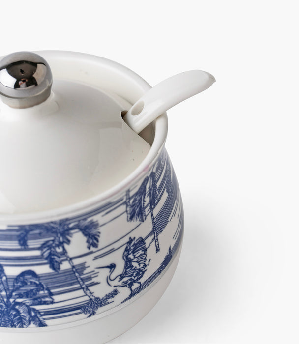 وعاء سكر فواياج بورسلين بزخرفة نباتية مع ملعقة وغطاء