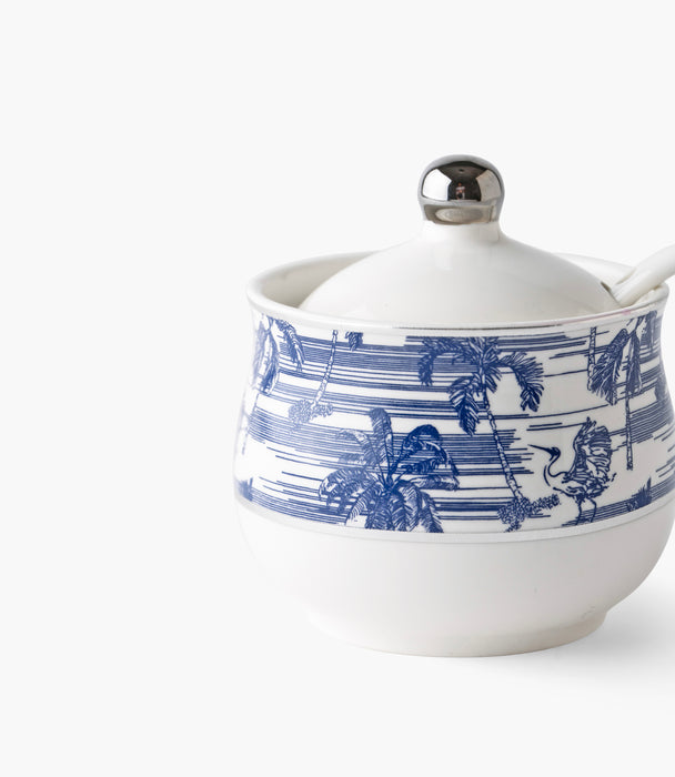 وعاء سكر فواياج بورسلين بزخرفة نباتية مع ملعقة وغطاء