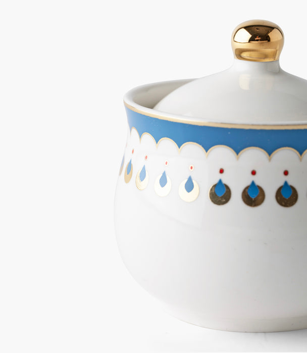 سكّرية بالمارا بورسلين بزخرفة زرقاء وذهبية مع ملعقة وغطاء