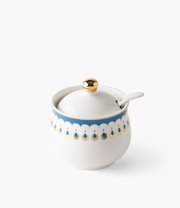 سكّرية بالمارا بورسلين بزخرفة زرقاء وذهبية مع ملعقة وغطاء