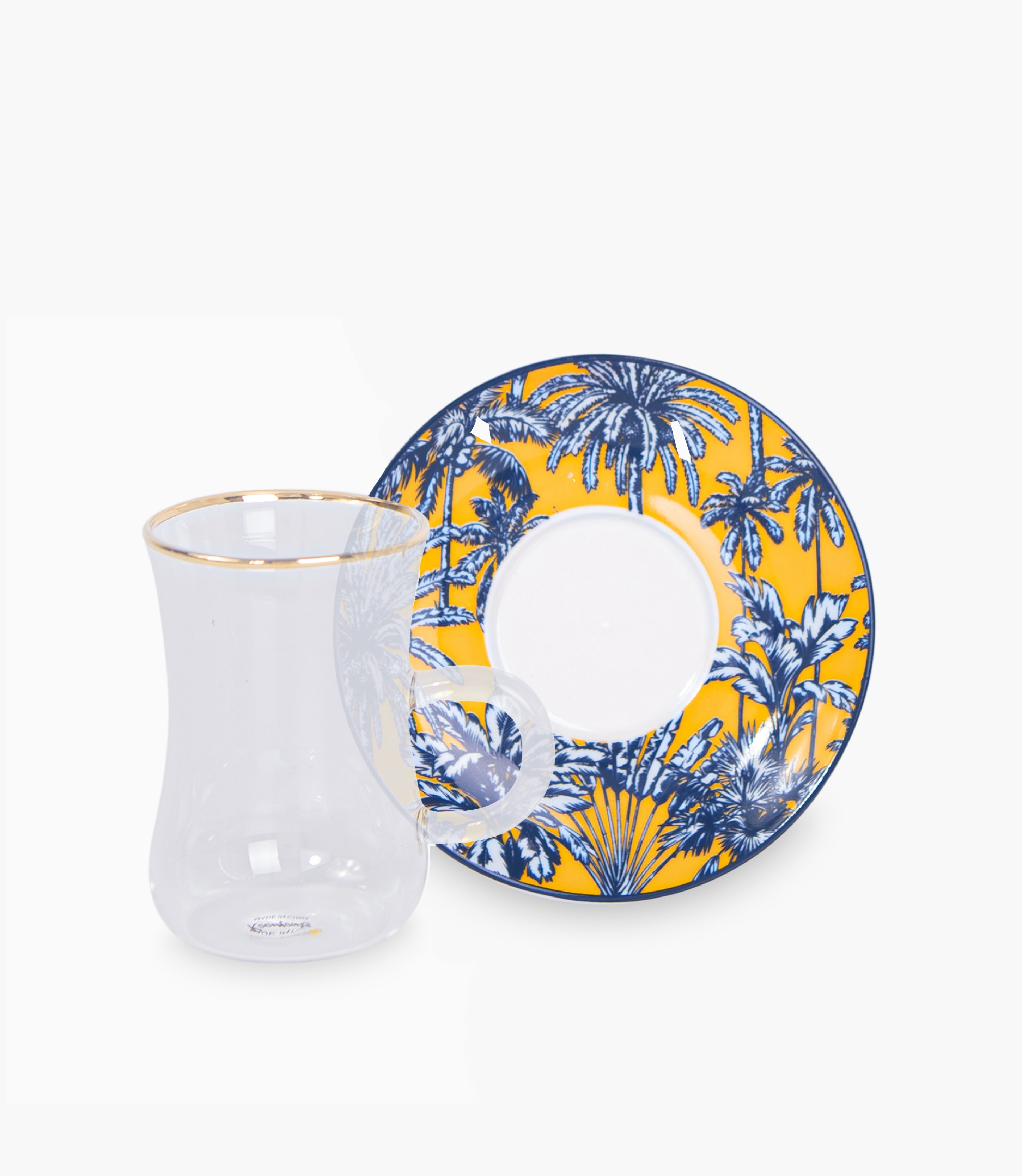Summer Palm-Yellow Plain Glass Teacup Porcelain Saucer Set (12-Piece)