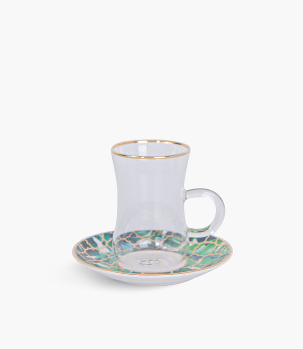 Amazonia Green Gold Glass Teacup & Porcelain Saucer (S/6)