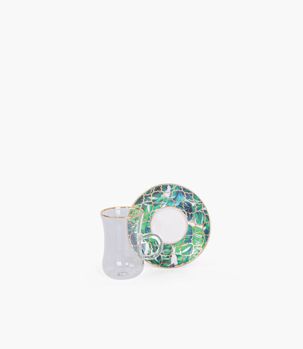 Amazonia Green Gold Glass Teacup & Porcelain Saucer (S/6)