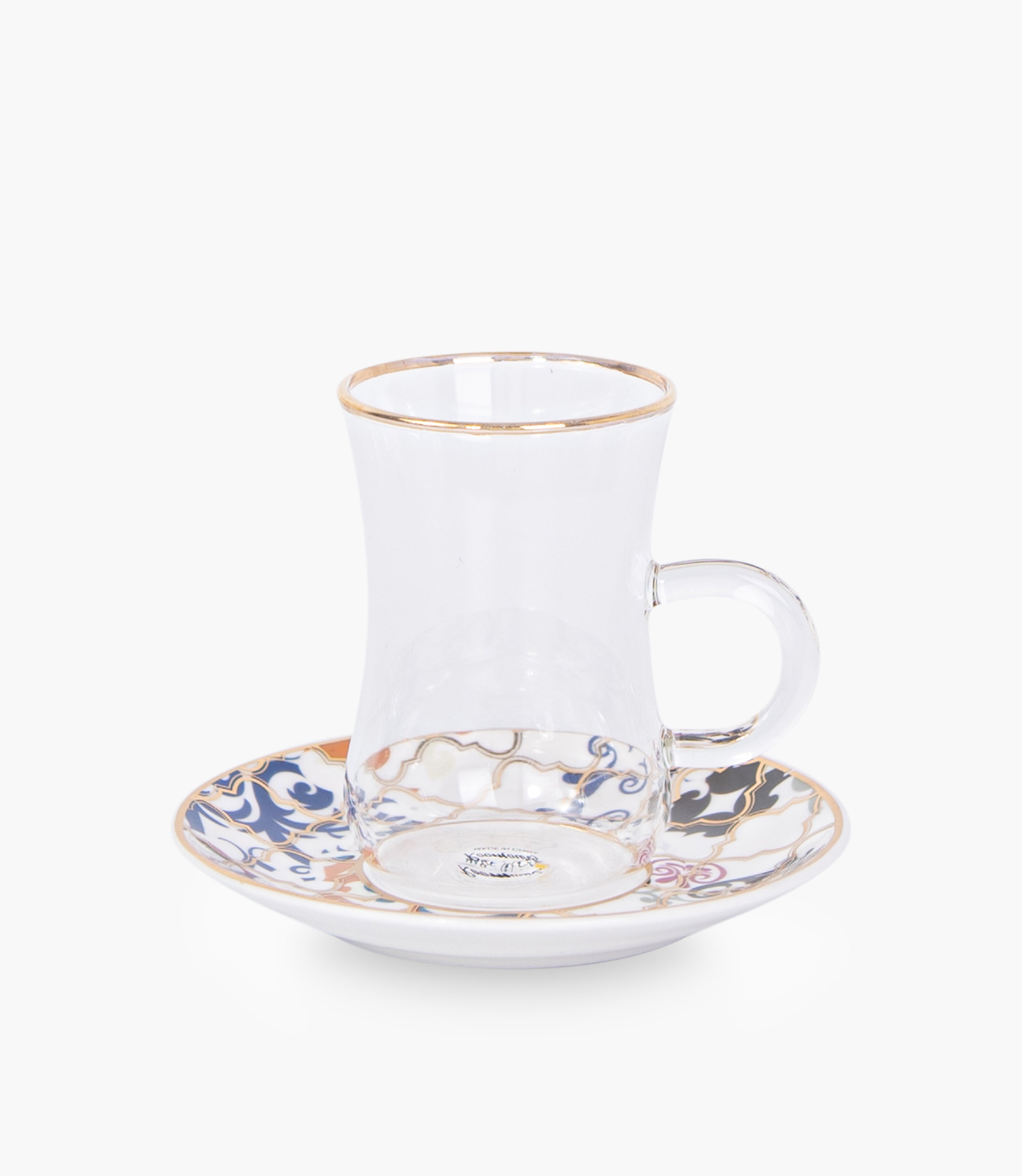 Blue Flower Gold Glass Teacup & Porcelain Saucer (S/6)