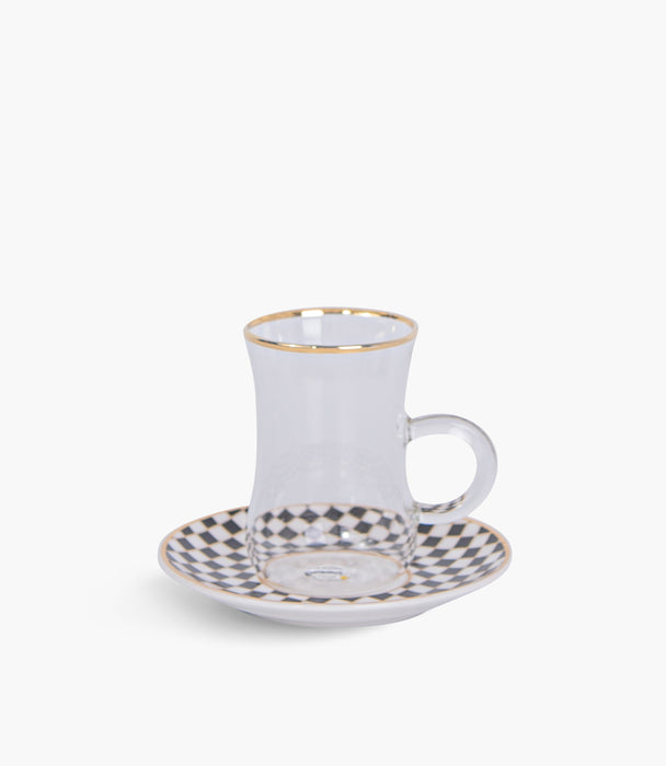 Circus Black& White/Gold Glass Teacup Porcelain Saucer (S/6)