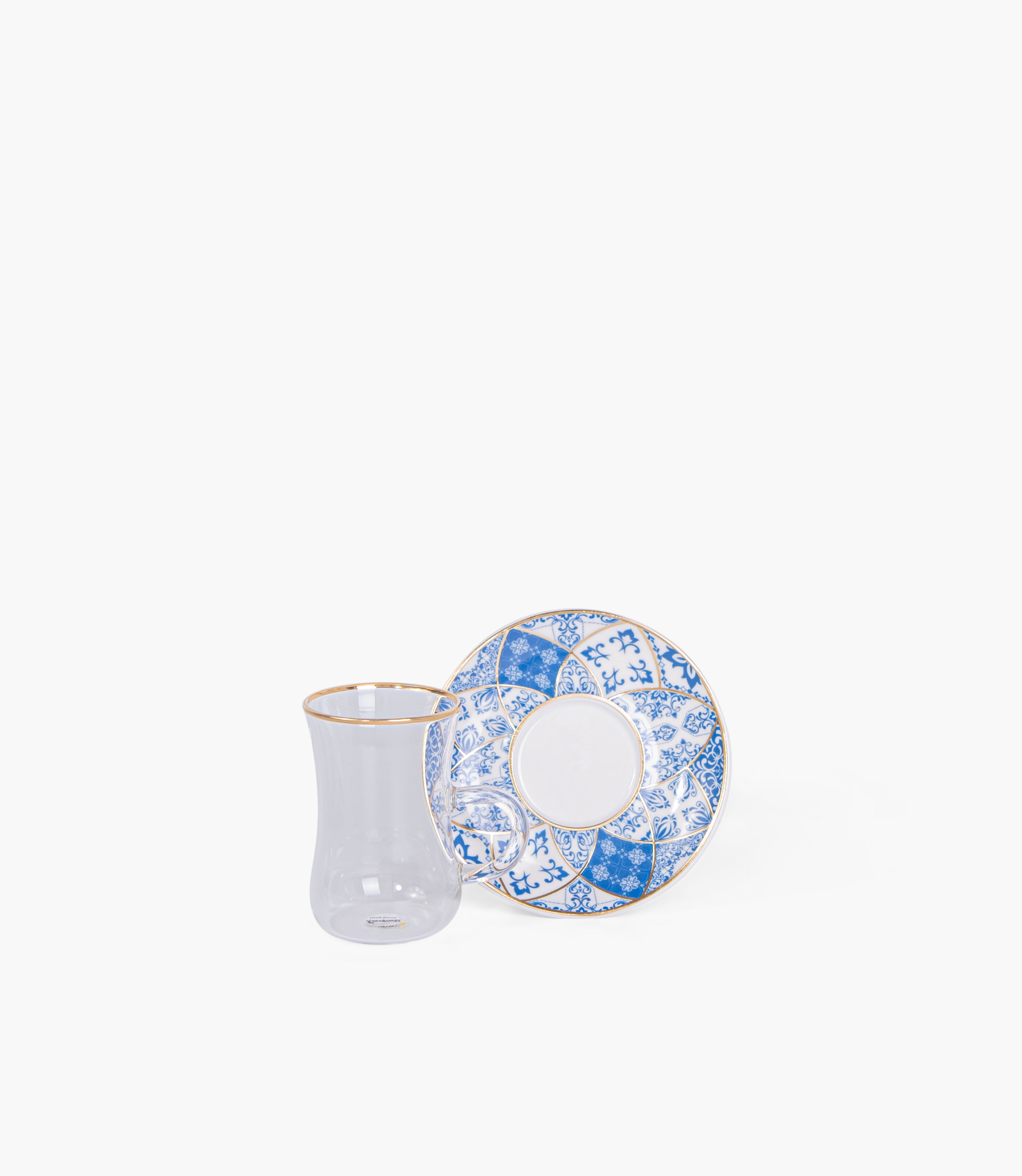 Blue Gold Glass Teacup & Porcelain Saucer (S/6)