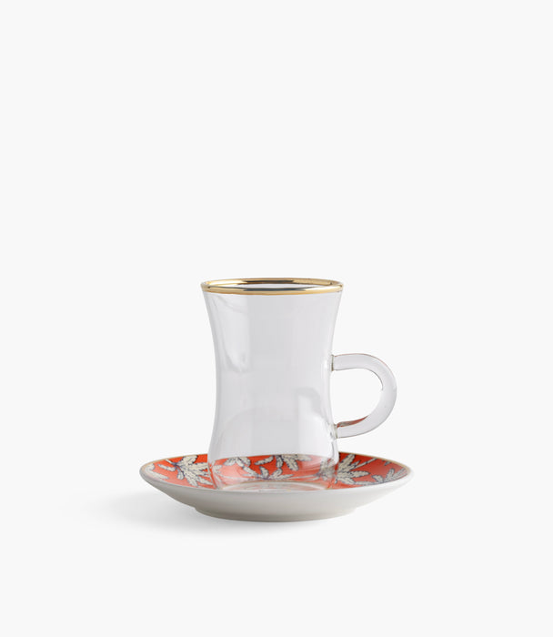 Orange Palm Plain Glass Teacup with Golden Line w/ Porcelain