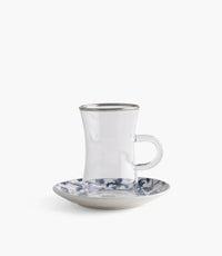 Voyage Plain Glass Teacup with Silver Line w/ Porcelain Sauc