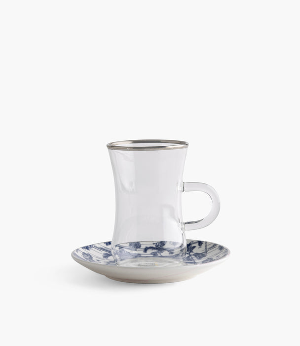 Voyage Plain Glass Teacup with Silver Line w/ Porcelain Sauc