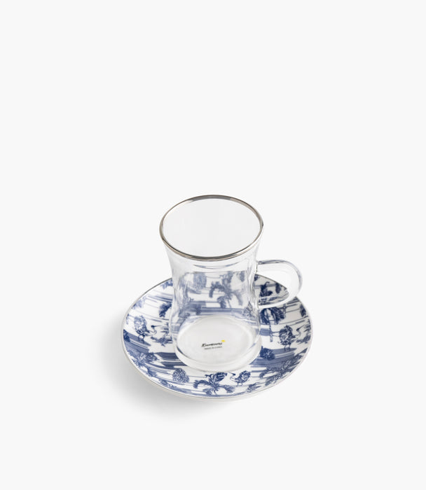 Voyage Plain Glass Teacup with Silver Line w/ Porcelain Sauc