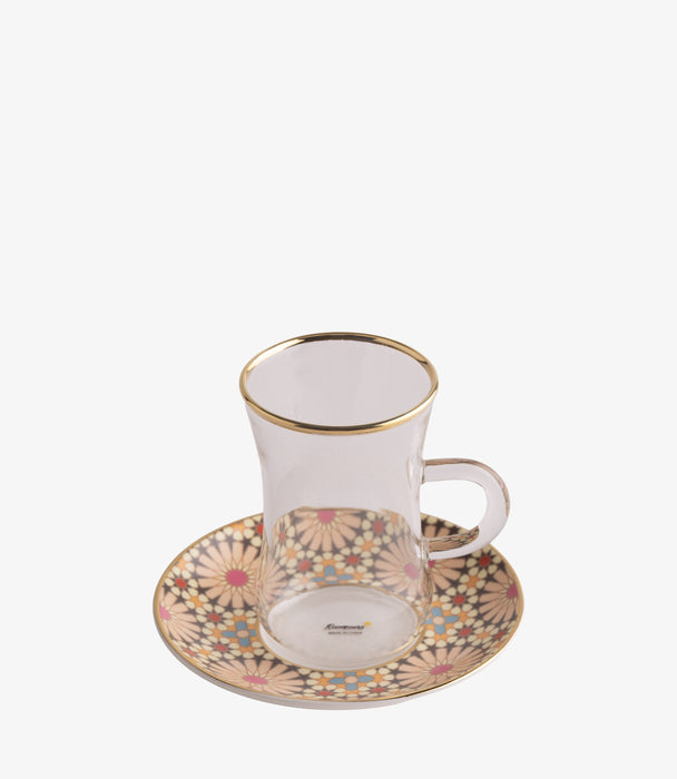 طقم فناجين شاي بينك جيوماتريك مع صحون بزخارف دائرية - عدد 12