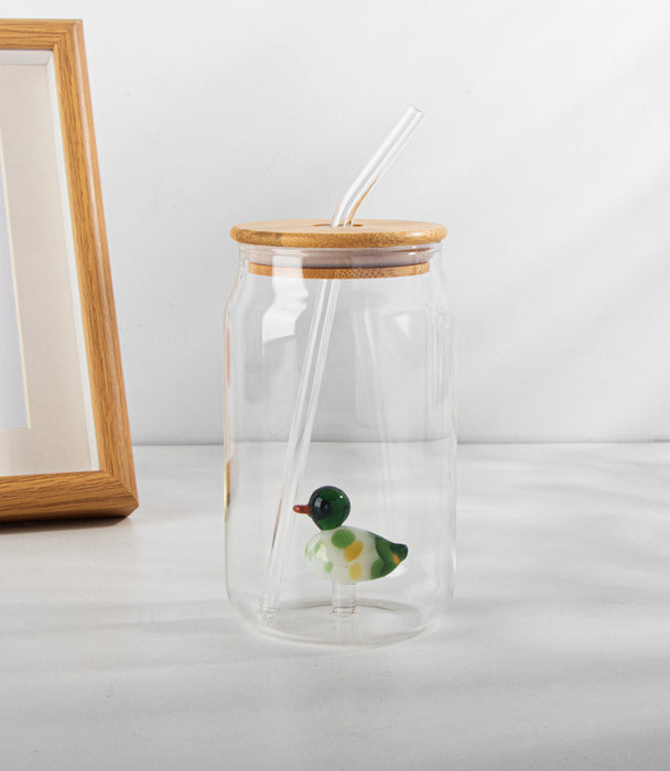 كوب كوكا كولا زجاجي مع مجسّم بطة وغطاء وشفاطة - 7.5×13.5 سم