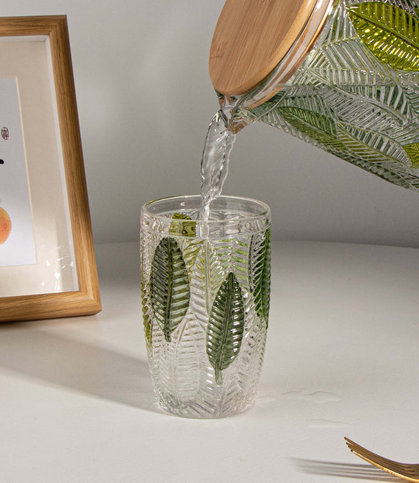 إبريق ليف زجاجي مزيّن بأوراق خضراء مع غطاء - 12.5×12.5×20 سم