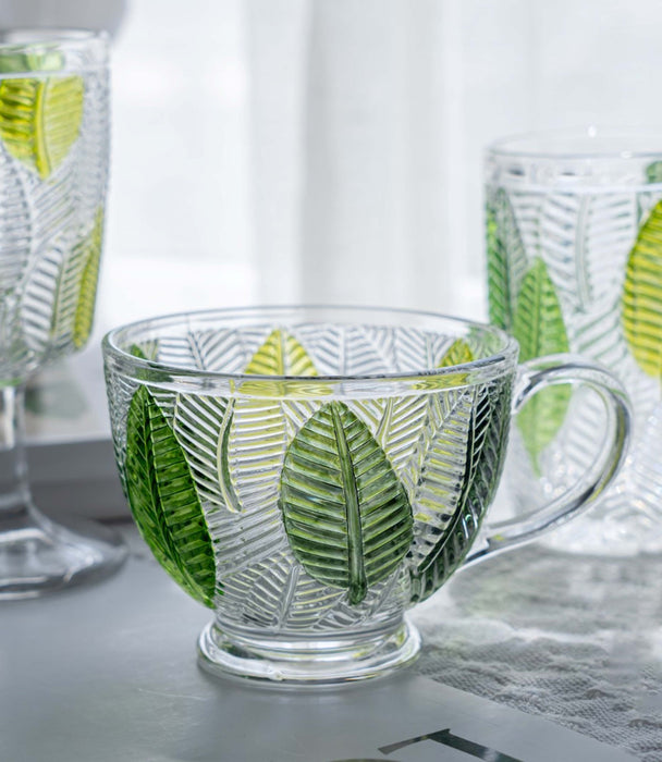 كوب ليف زجاجي مزيّن برسومات أوراق خضراء - 11×11×9 سم