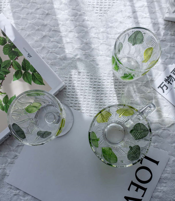 كوب ليف زجاجي مزيّن برسومات أوراق خضراء - 11×11×9 سم