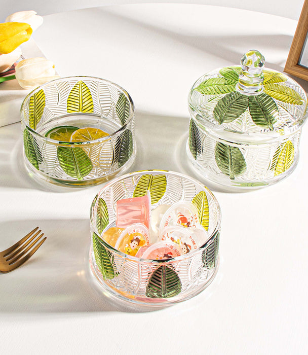 برطمان ليف زجاجي مزيّن بأوراق خضراء - ‎ 25.5×12.5×12.5سم