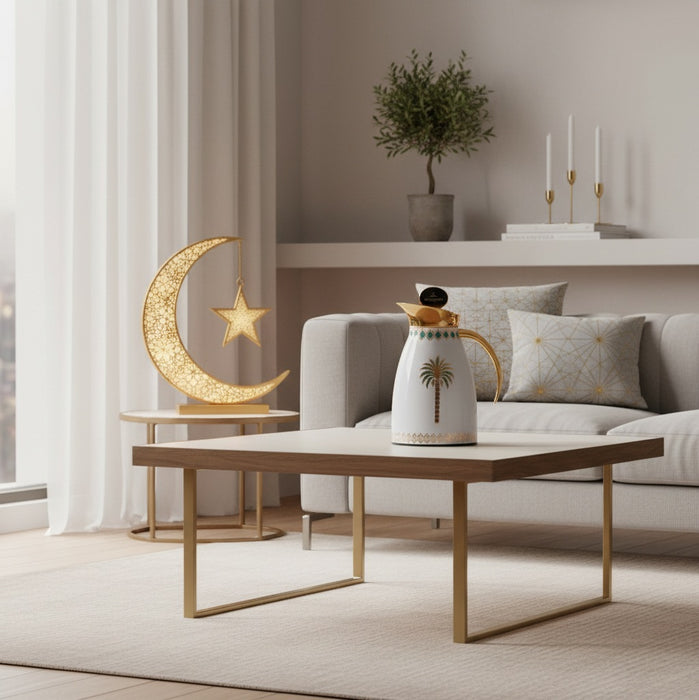 ترمس بالم ستانلس ستيل أبيض وذهبي برسمة نخيل - 1 لتر