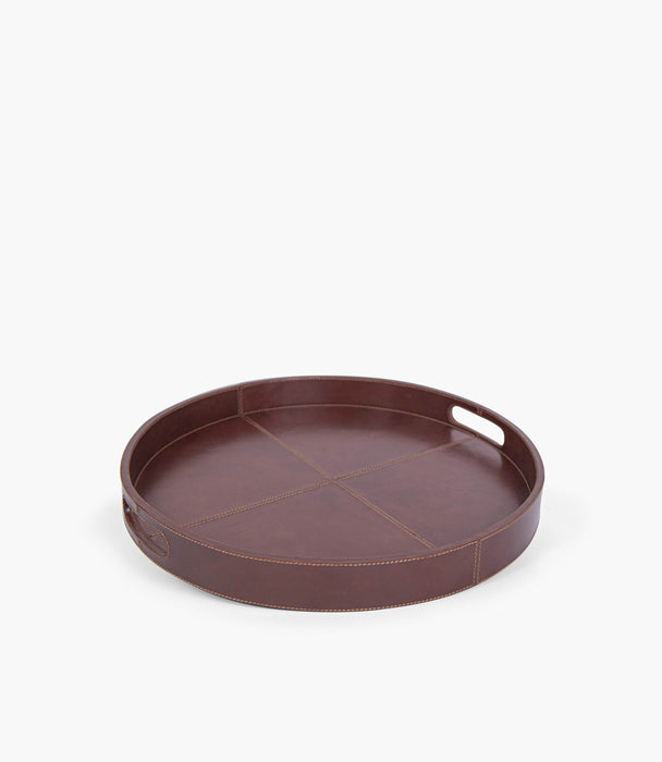 Tranquility Leather Round Serving Tray, Brown, 46x46x5Cm - Roomours