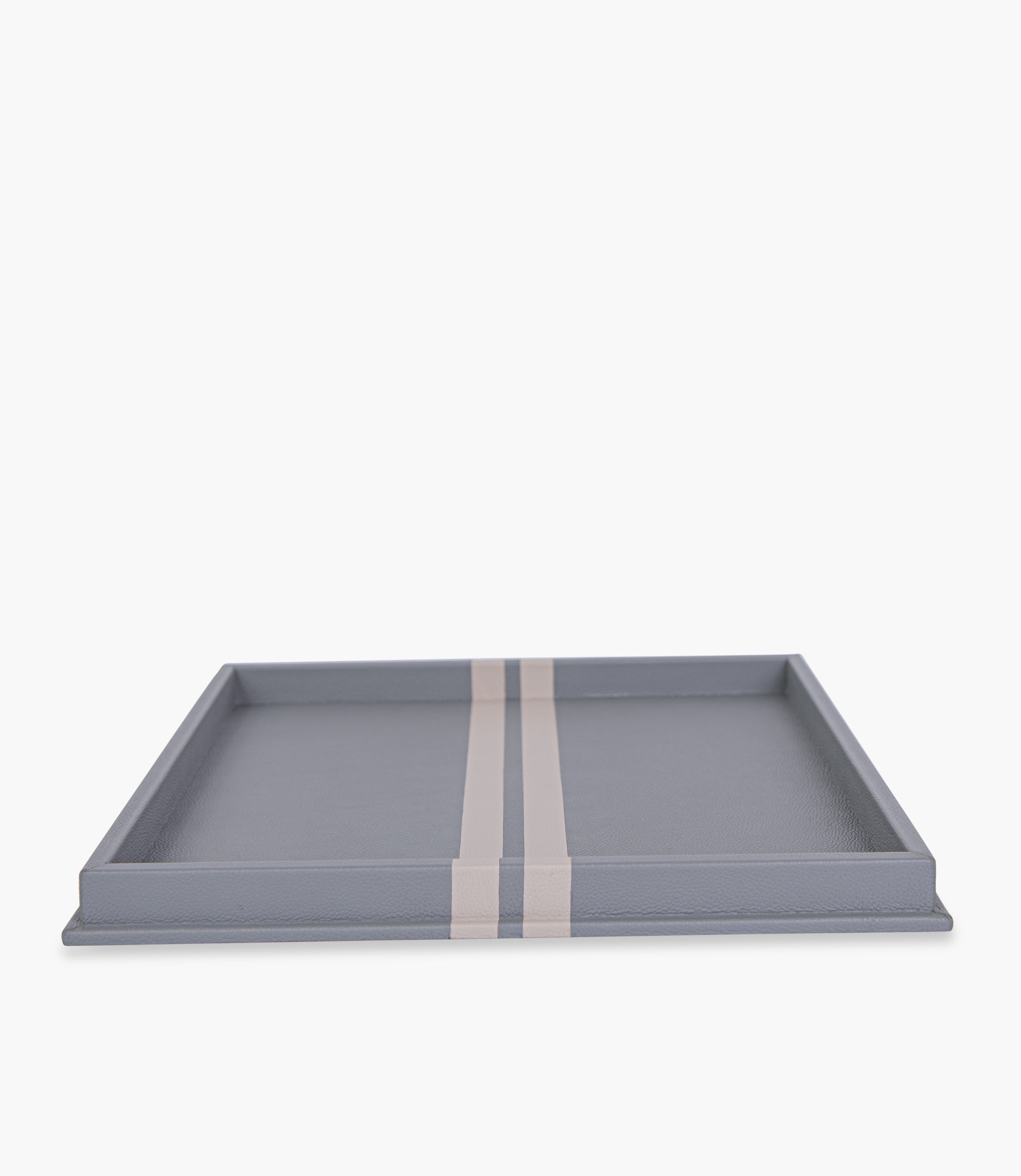 Tranquility Leather Striped Tray, Gray/White, 36x36x3Cm