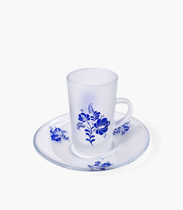 Flower Clear Sandblasted Frosted Tea Cup W/ Saucer Set of 6