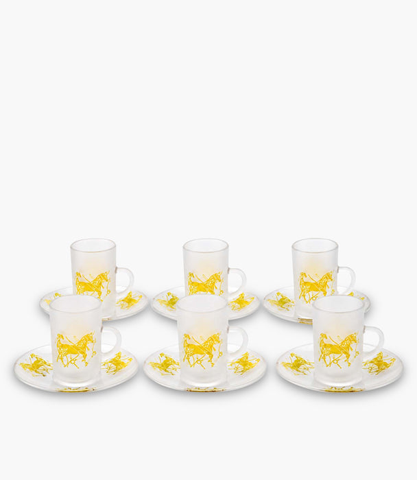 Horse Clear Sandblasted Tea Cup W/Saucer Set of 6